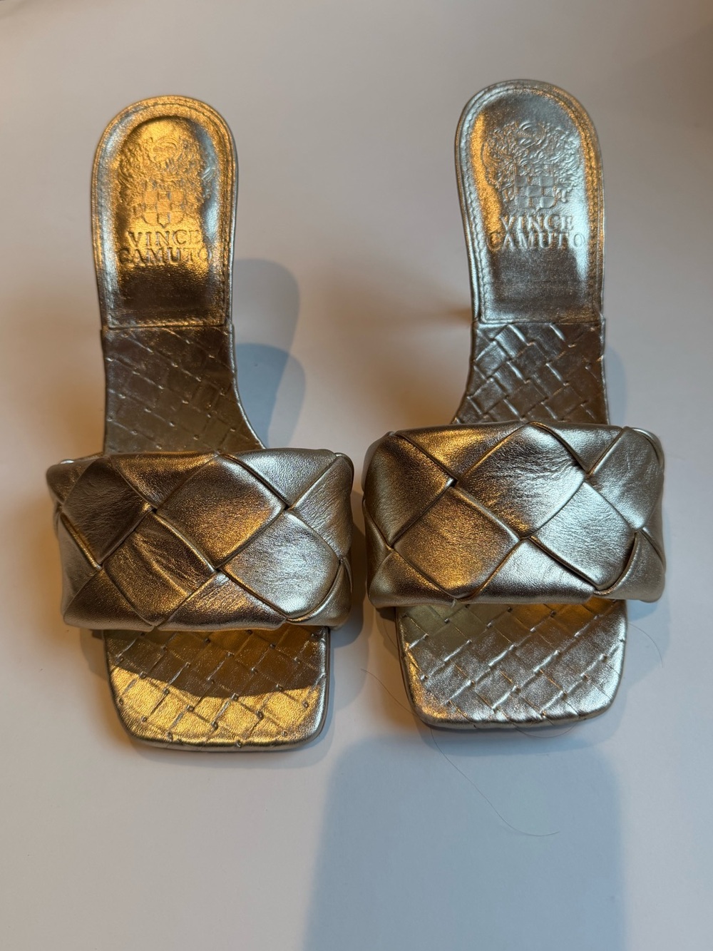 Vince Camuto Braided Metallic Gold Slide Mules, size 6
